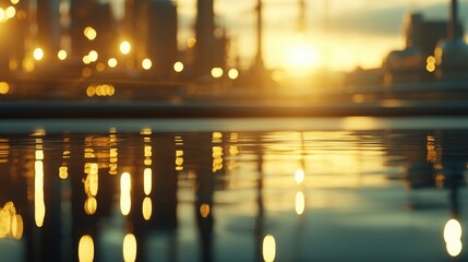 Reflections of an Oil Refinery at Sunset on Water