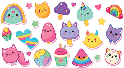 Cute Kawaii Stickers Collection Rainbow Hearts Animals