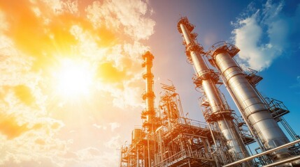 Obraz premium Towering Distillation Columns at a Fuel Processing Plant