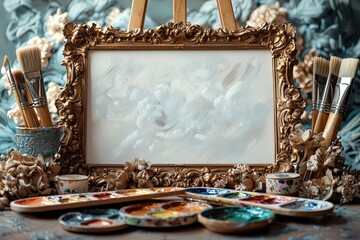 Elegant vintage frame with abstract painting and art supplies
