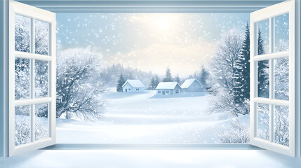 Winter landscape view through an open window with snow-covered houses and frosty trees