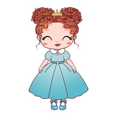 The princess is a sweet little princess. A hand-drawn beautiful, pretty, romantic curly-haired girl Princess. Vector illustration.