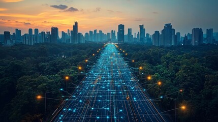 A futuristic highway with digital elements leading to a cityscape, set against a dusk sky and surrounded by greenery.