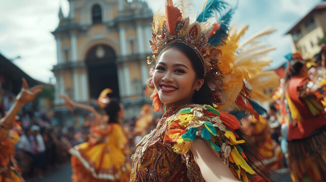 Sinulog Festival, a colorful parade with participants dressed in bright traditional Filipino costumes, dancing energetically on the main street, Ai generated images