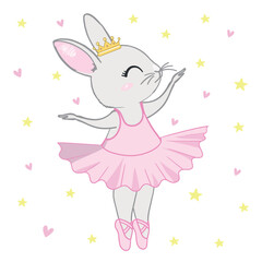 Cute cartoon ballet dancer bunny. Little rabbit character dancing in pink tutu. Kawaii simple vector drawing, art illustration.