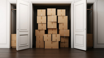 Open closet with multiple cardboard boxes stacked inside on a wooden floor in a minimalistic room