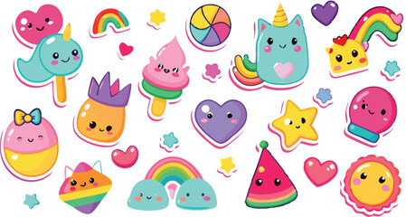 Obraz premium Cute Kawaii Stickers Collection Rainbow, Heart, Star, Unicorn