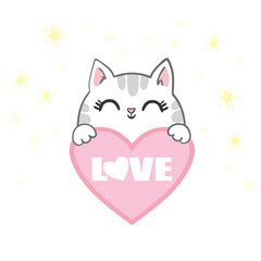 Draw vector character design couple love of cat with little heart for Valentine's day So sweet. Doodle cartoon style.