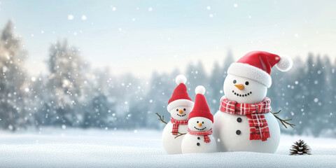 Fototapeta premium Charming snowman family in a snowy park celebrating Christmas together