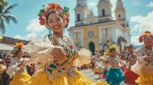 Sinulog Festival, a colorful parade with participants dressed in bright traditional Filipino costumes, dancing energetically on the main street, Ai generated images
