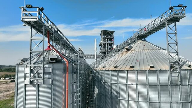 Large industrial grain silos under a clear blue sky. A row of large industrial grain silos connected by metal walkways and pipelines, standing tall against a bright blue sky.