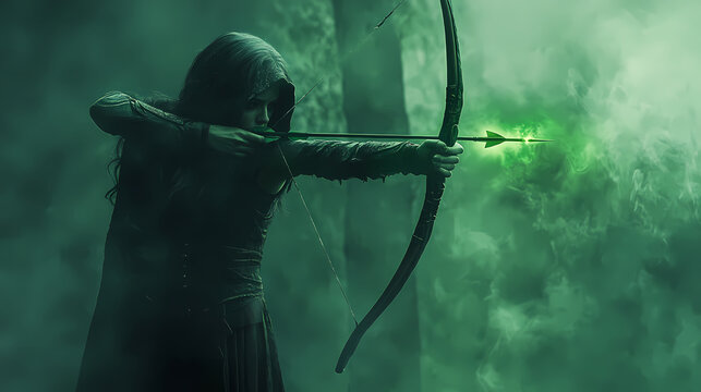 A skilled elf archer, cloaked in mist, draws a glowing green arrow, poised for silence and stealth in her dark domain. Elf Archer. Illustration