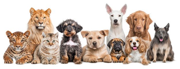 Fototapeta premium Diverse Group of Domestic and Wild Animals Lion Cat Dog Leopard