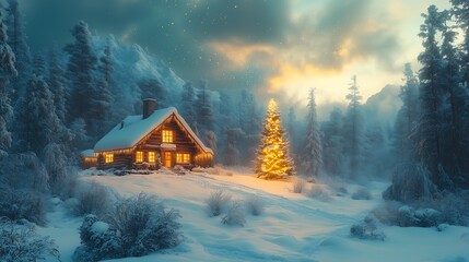 Nordic-Style Winter Cabin with Warm Lights and Northern Lights in the Sky