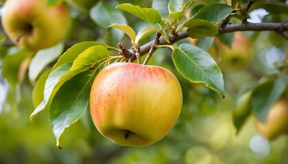 Ripe red apples on tree branch, Sunlit orchard, Vibrant green leaves, 