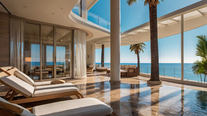 Luxurious modern hotel apartment architecture with transparent windows and terrace or balcony. Expensive holiday travel resort, palms, beach and sea are seen outdoors. Tourism villa accommodation
