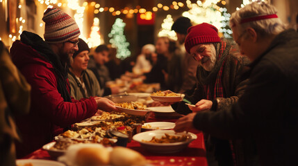Community Christmas Dinner at Holidays with Warm Lights and Holiday Spirit, People Sharing Food in Festive Gathering. Image Made Using Generative AI