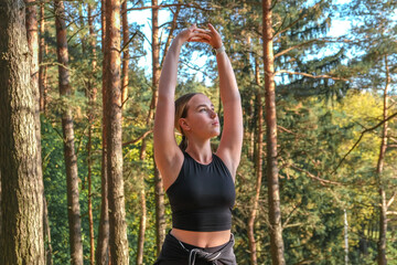 Workout. Fitness, outdoor workout in nature. Fitness, motivation for working the gym, health improvement. Woman doing sports outdoors,wellness, Health, nature, fitness, eco-fitness. mental health.