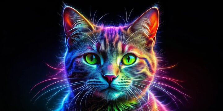 Neon Cat Portrait Close-up of a cat's face with glowing fur and green eyes, creating a psychedelic abstract effect