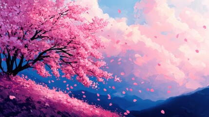 Dreamy Japanese Painting Style with Cherry Blossoms
