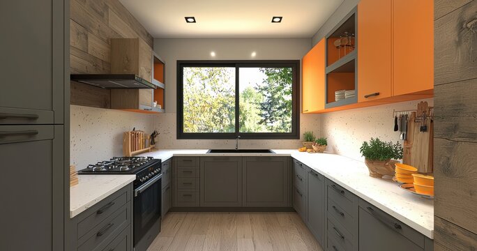 Modern kitchen interior with gray cabinets, large windows, and elegant design elements creating a bright and spacious atmosphere