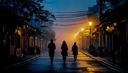 Silhouettes of people walking along a dark street of an evening city in the fog between modern buildings with illuminated windows