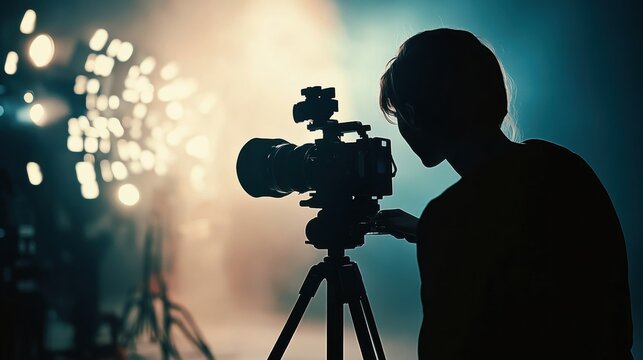 Silhouette of a photographer adjusting a camera on a tripod amid vibrant stage lights. - Powered by Adobe