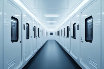 A futuristic corridor with white walls and windows, suggesting a high-tech space.