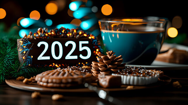 A sign with the number 2025 on it is placed on a table with a cup of coffee
