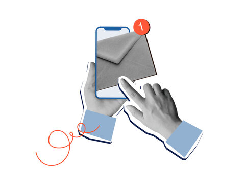 Black and white hands holding a phone with an unread message. Modern collage style. Illustration on transparent background