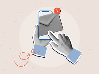 Black and white hands holding a phone with an unread message. Modern collage style. Vector illustration