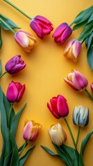 Obraz premium Colorful tulips arranged in a circular pattern on a bright yellow background for spring dcor