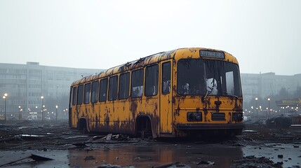 Yellow bus is parked in a parking lot. The bus is old and rusted, and it is abandoned. The scene is desolate and gives off a sense of abandonment and decay