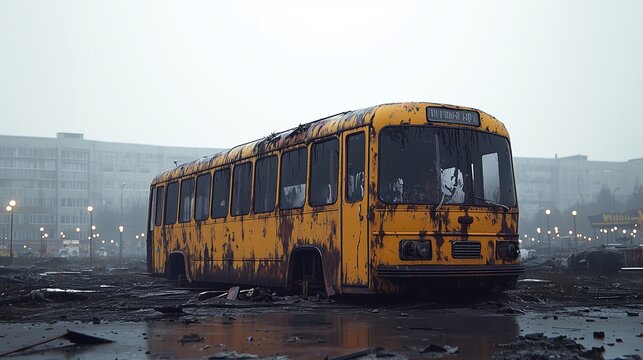 Yellow bus is parked in a parking lot. The bus is old and rusted, and it is abandoned. The scene is desolate and gives off a sense of abandonment and decay