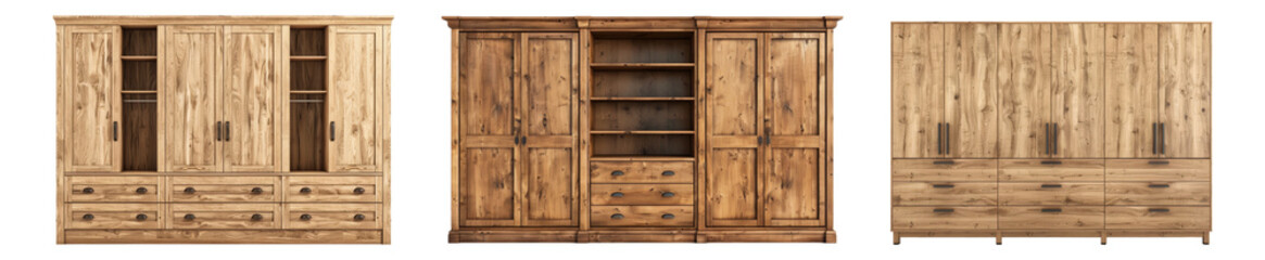 wooden wardrobe with doors and drawers isolated on transparent background
