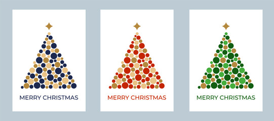 Set of Christmas greeting cards with christmas trees made of colorful circles. Flat style. Template for winter holidays design. Vector illustration