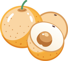 Cartoon illustration of longan with leaves,showcasing simple, minimalistic,stylized vector,colorful design.ideal for food-related designs or healthy eating themes.