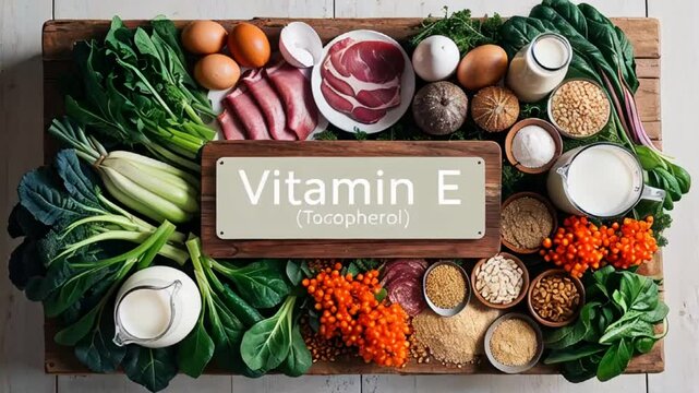 Various fresh food with the sign inscription vitamin E tocopherol