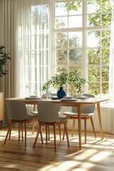 Elegant dining room featuring modern wooden furniture with natural light pouring through large windows, creating a serene and inviting atmosphere.