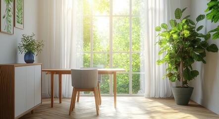 Bright dining room with modern wooden furniture and large window overlooking greenery