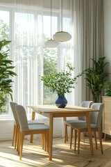Fototapeta premium Modern dining room with wooden furniture and large windows letting in abundant natural light