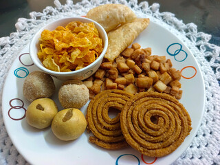 Diwali snacks Diwali faral, Diwali Special sweet and salty snacks, Festival snacks from Maharashtra, India.
