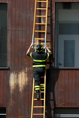 Firefighters climb wooden ladder to enter building through window and simulate rescue