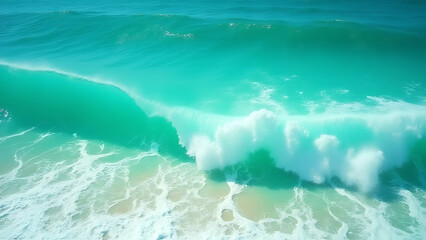 Vibrant turquoise waves dance on a serene ocean backdrop of greens during warm summer days by the sea.