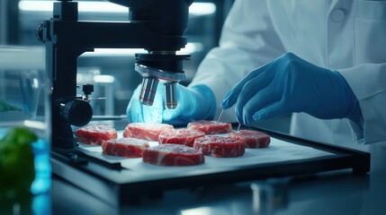 Researcher in sterile lab coat examining meat cells under microscope, food science