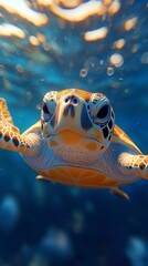 Fototapeta premium A close encounter with a curious sea turtle swimming in clear ocean waters during daytime