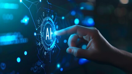 a hand touching the button on which "AI" is written the background is blur and the button is...
