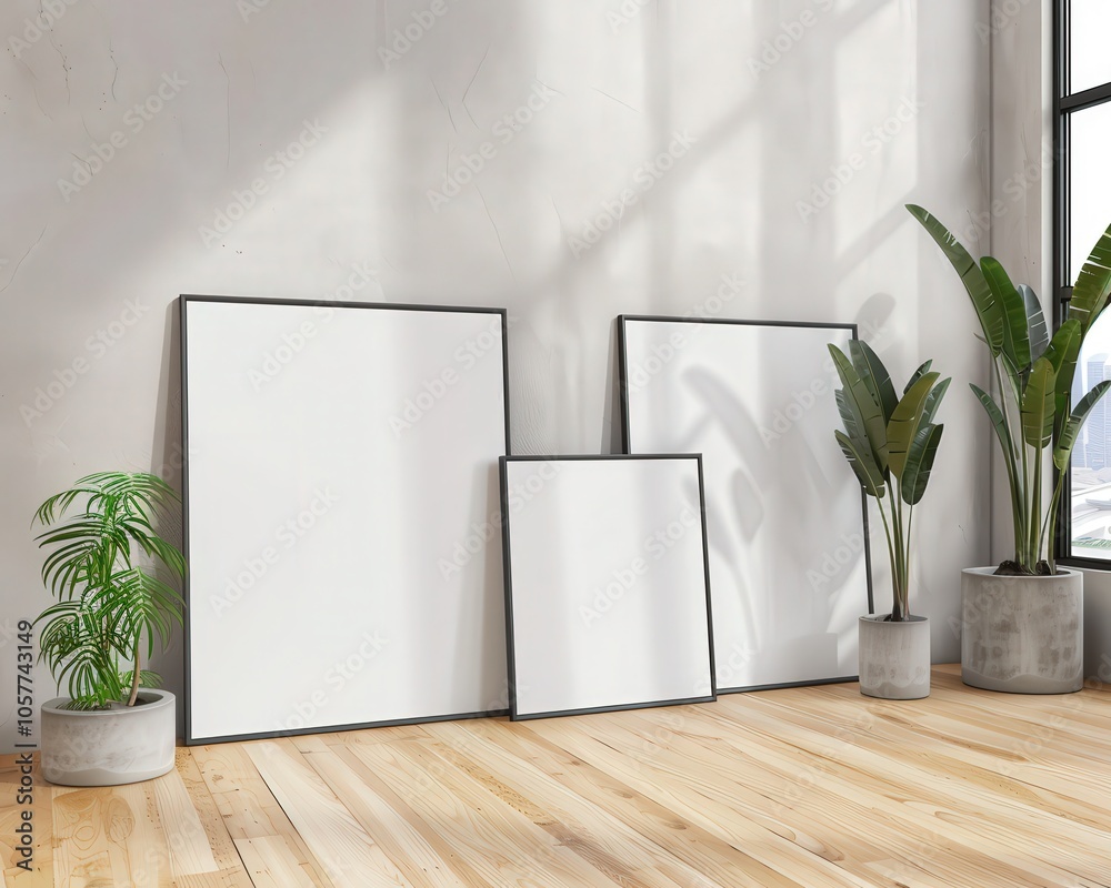 Wall mural three blank picture frames of different sizes leaning against a white wall with potted plants and wo