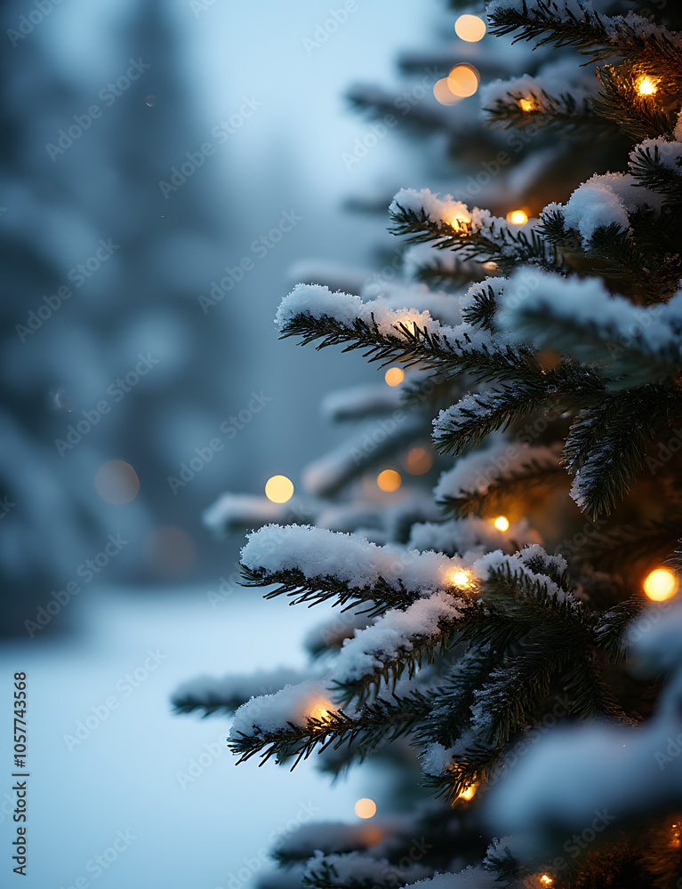 Poster softly lit christmas tree branches create a serene winter scene in the background of snowy landscape