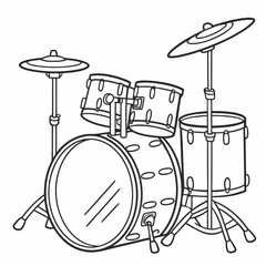 A black and white line drawing of a drum set, perfect for coloring pages, music education, or any project where you need a simple and stylish drum illustration.